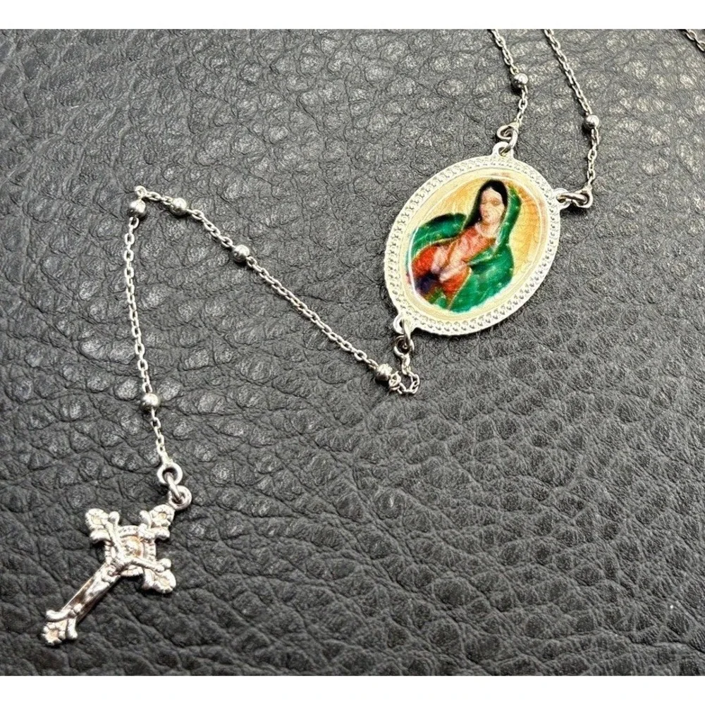 Vintage Dyadema Sterling Silver Rosary Enamel Mary Medal Necklace Pendant Cross